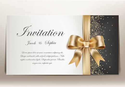  pretty wedding invitation with golden ribbon and bow.