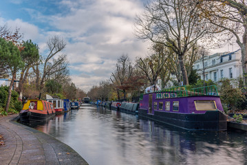 Fototapeta na wymiar Water Canal and reflections in Little Venice in London in Autumn