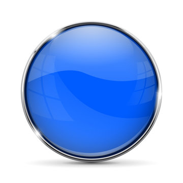 Glass Button. Round Blue Icon With Metal Frame