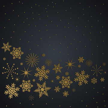 Merry Christmas Happy New Year greeting card design with gold snowflake decoration for holiday season