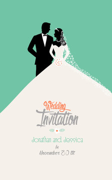 wedding invitation with a bride and groom in retro flat style