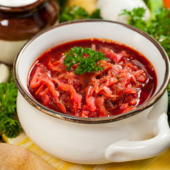 Beetroot Soup. Traditional Russian and Ukrainian national food - Borscht. Selective focus.