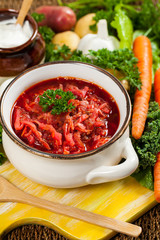 Beetroot Soup. Traditional Russian and Ukrainian national food - Borscht. Selective focus.