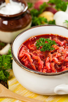 Beetroot Soup. Traditional Russian and Ukrainian national food - Borscht. Selective focus.