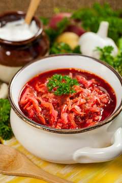 Beetroot Soup. Traditional Russian and Ukrainian national food - Borscht. Selective focus.