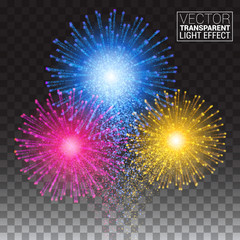 Shiny tricolor firework on the dark sky. Festive brightly colorful bursting. Isolated on a transparent background. Vector illustration