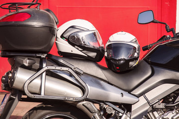 Fototapeta na wymiar helmets and motorcycle