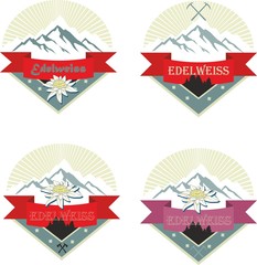 Set of mountain climber emblem. Camping badges. Banner. Outdoor events and travel label. Ski resort, adventure, edelweiss, tourism, expedition logo. 
