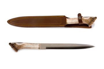 Hunting knife with case on white background