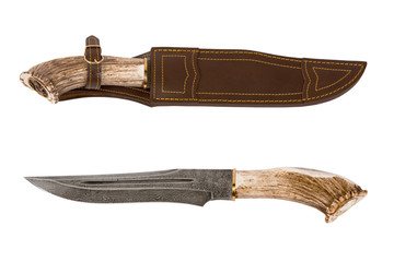 Hunting knife with case on white background