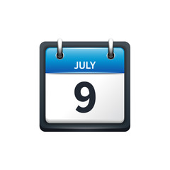 July 9. Calendar icon.Vector illustration,flat style.Month and date.Sunday,Monday,Tuesday,Wednesday,Thursday,Friday,Saturday.Week,weekend,red letter day. 2017,2018 year.Holidays.