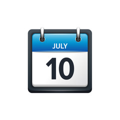 July 10. Calendar icon.Vector illustration,flat style.Month and date.Sunday,Monday,Tuesday,Wednesday,Thursday,Friday,Saturday.Week,weekend,red letter day. 2017,2018 year.Holidays.