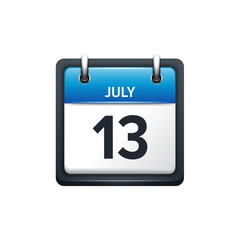 July 13. Calendar icon.Vector illustration,flat style.Month and date.Sunday,Monday,Tuesday,Wednesday,Thursday,Friday,Saturday.Week,weekend,red letter day. 2017,2018 year.Holidays.