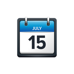 July 15. Calendar icon.Vector illustration,flat style.Month and date.Sunday,Monday,Tuesday,Wednesday,Thursday,Friday,Saturday.Week,weekend,red letter day. 2017,2018 year.Holidays.