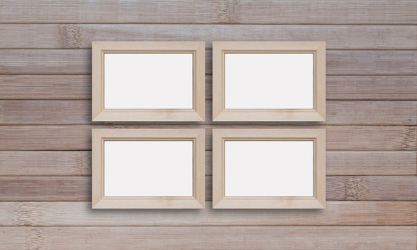 Collage of blank photo frames on wooden panels background, countryside style decor
