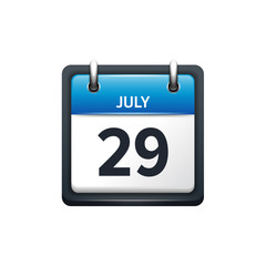 July 29. Calendar icon.Vector illustration,flat style.Month and date.Sunday,Monday,Tuesday,Wednesday,Thursday,Friday,Saturday.Week,weekend,red letter day. 2017,2018 year.Holidays.