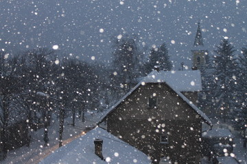 Snowy winter night in small town near Sarajevo , Bosnia and Herzegovina