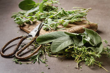 Mix of fresh Italian herbs from garden on an old table. Rosemary