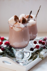 Hot chocolate drink with milk and marshmallow in glass mug.