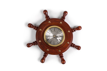 Vintage wooden wall clock the wheel on a white background