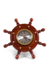 Vintage wooden wall clock the wheel on a white background