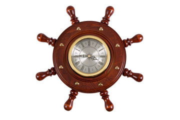 Vintage wooden wall clock the wheel on a white background