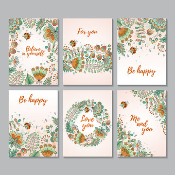 Set of six vector vertical cards with flowers and ladybugs.