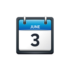 June 3. Calendar icon.Vector illustration,flat style.Month and date.Sunday,Monday,Tuesday,Wednesday,Thursday,Friday,Saturday.Week,weekend,red letter day. 2017,2018 year.Holidays.