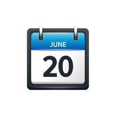 June 20. Calendar icon.Vector illustration,flat style.Month and date.Sunday,Monday,Tuesday,Wednesday,Thursday,Friday,Saturday.Week,weekend,red letter day. 2017,2018 year.Holidays.