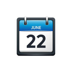 June 22. Calendar icon.Vector illustration,flat style.Month and date.Sunday,Monday,Tuesday,Wednesday,Thursday,Friday,Saturday.Week,weekend,red letter day. 2017,2018 year.Holidays.