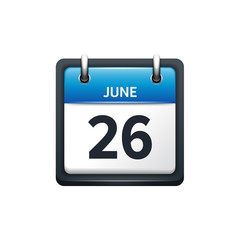 June 26. Calendar icon.Vector illustration,flat style.Month and date.Sunday,Monday,Tuesday,Wednesday,Thursday,Friday,Saturday.Week,weekend,red letter day. 2017,2018 year.Holidays.
