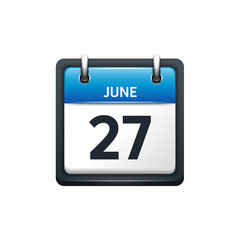 June 27. Calendar icon.Vector illustration,flat style.Month and date.Sunday,Monday,Tuesday,Wednesday,Thursday,Friday,Saturday.Week,weekend,red letter day. 2017,2018 year.Holidays.