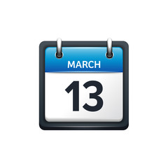 March 13. Calendar icon.Vector illustration,flat style.Month and date.Sunday,Monday,Tuesday,Wednesday,Thursday,Friday,Saturday.Week,weekend,red letter day. 2017,2018 year.Holidays.