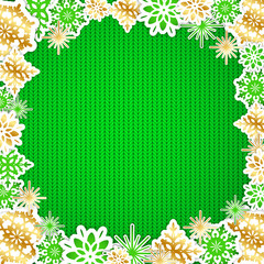 Green and gold paper snowflakes on knitted texture background. Christmas background. Vector illustration.
