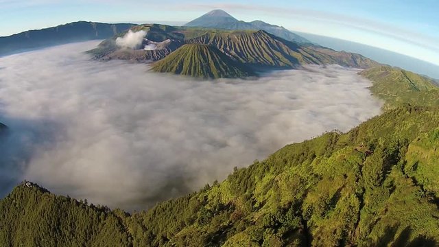 Aerial Bromo volcano, sunrise, Tengger Semeru National Park, East Java, Indonesia.