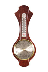 Vintage wooden wall barometer on a white background