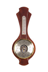 Vintage wooden wall barometer on a white background