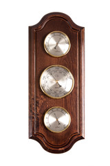 Vintage wooden wall barometer on a white background