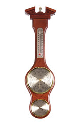 Vintage wooden wall barometer on a white background