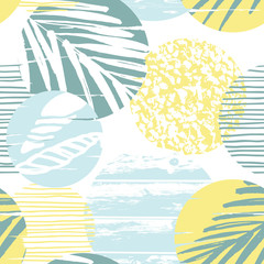 Seamless exotic pattern with palm leaves on geometric background