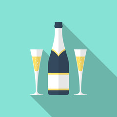 Bottle of champagne and glasses. Illustration in a flat design s