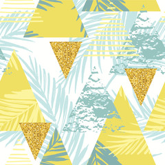 Fototapety  Bezszwowy egzotyczny wzór z liśćmi palmowymi na geometrycznym tle
