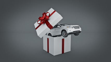 car SUV coupe. Gift box concept. 3D rendering