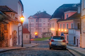 Prague, Czechia - November, 21, 2016: cars on a parking in the center of Prague, Czechia