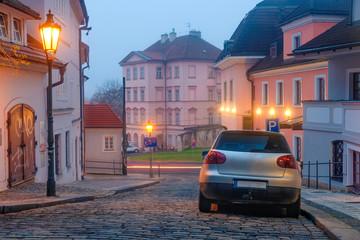 Prague, Czechia - November, 21, 2016: cars on a parking in the center of Prague, Czechia