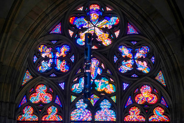 Prague, Czechia - November, 21, 2016: stained-glass of St. Vitus Cathedral  in Prague Castle, Czechia