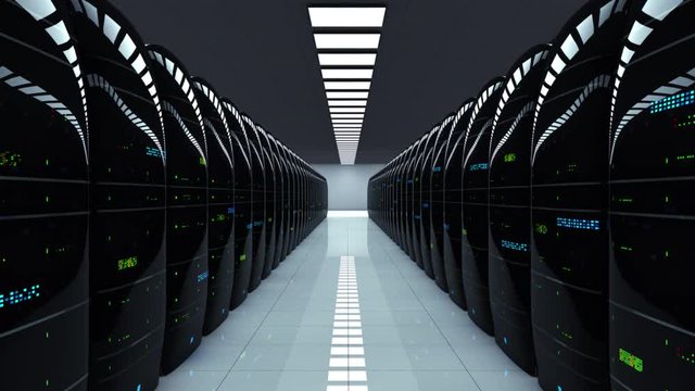 Modern server room. Realistic LED lights are flashing.