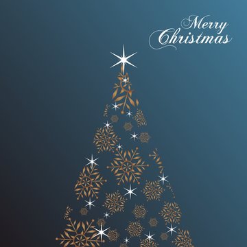 Kartka święta Bożego Narodzenia, choinka z gwiazdkami i śnieżkami