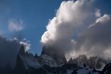 Pointed peaks in the clouds. Argentina. Patagonia.