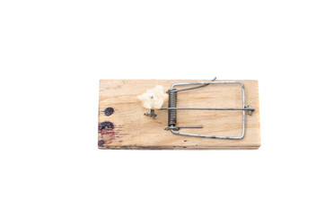 Mousetrap with bait on a white background